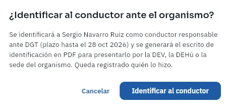 La confirmación antes de identificar a Sergio Navarro ante la DGT (no se ha pulsado).