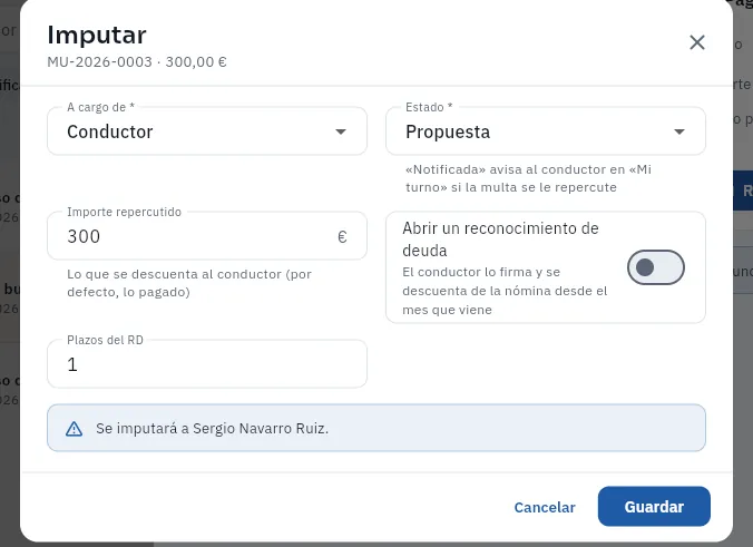 El formulario de imputación de la MU-2026-0003 (no se ha guardado).