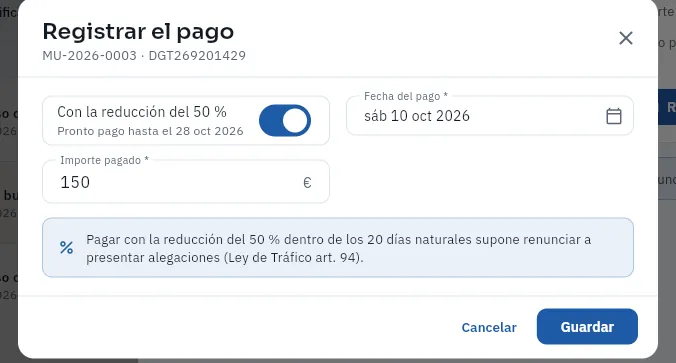 Registrar el pago de la MU-2026-0003 con el pronto pago (no se ha guardado).
