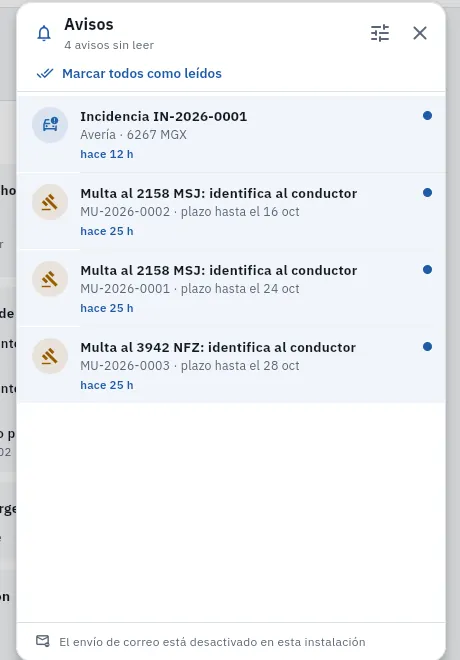 Los avisos de María: una incidencia y tres multas que esperan la identificación del conductor.