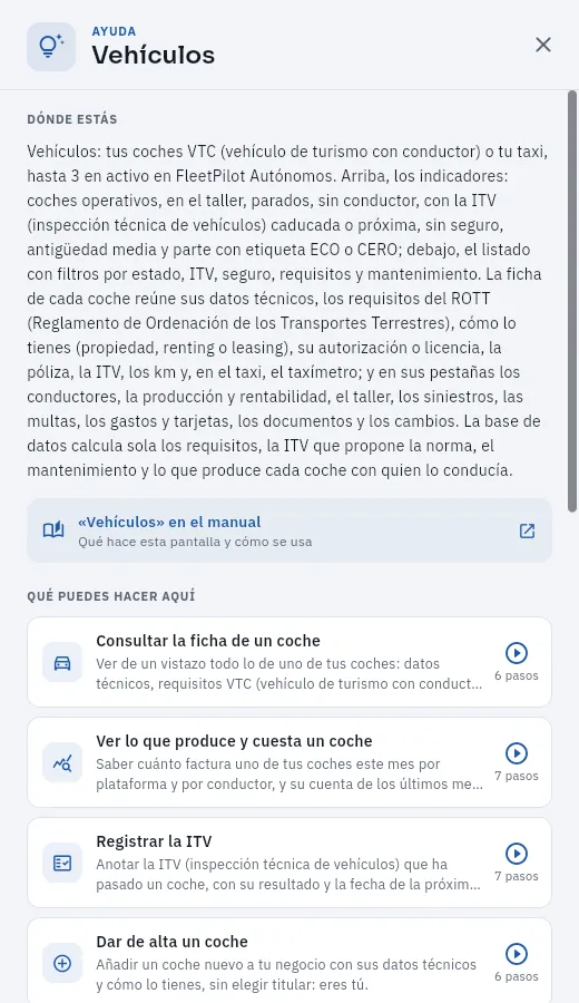 El panel de ayuda de la sección Vehículos.