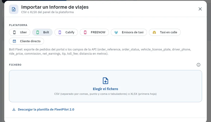 Importar un informe de viajes de Bolt (no se ha elegido ningún fichero).