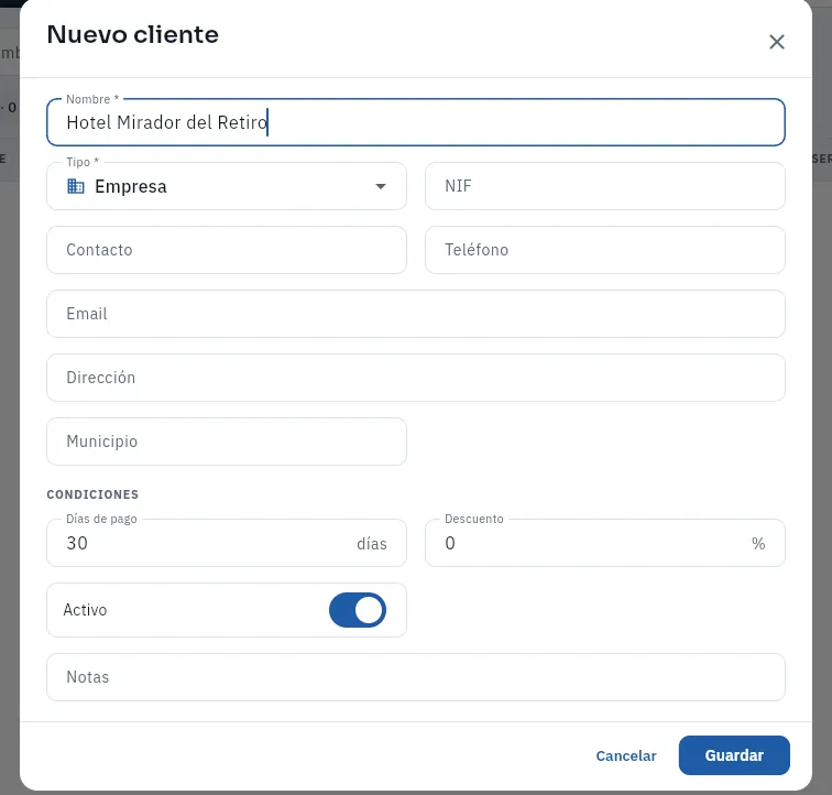 Dar de alta un cliente fijo, un hotel (no se ha guardado).