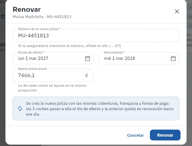 Renovar la póliza MU-4451813 (no se ha renovado).