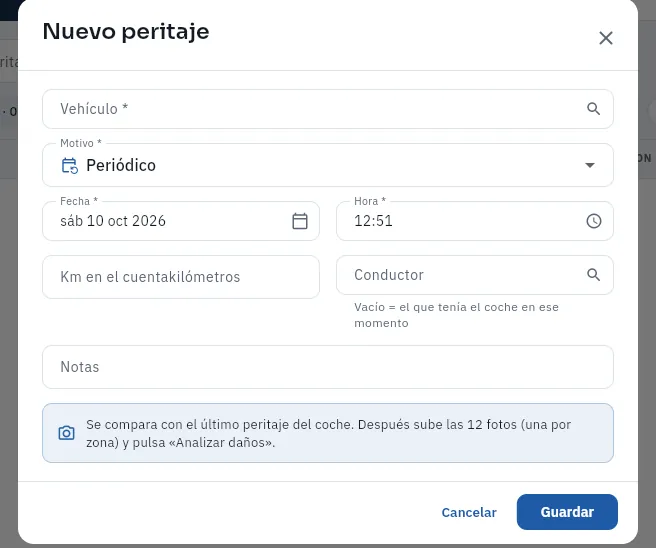 El formulario de un peritaje nuevo (no se ha guardado).