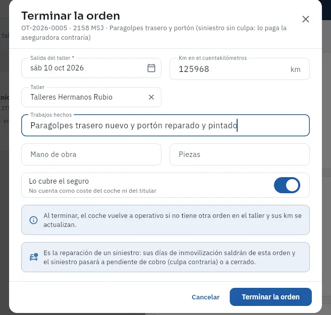 Terminar la orden OT-2026-0005 (el formulario no se ha guardado).