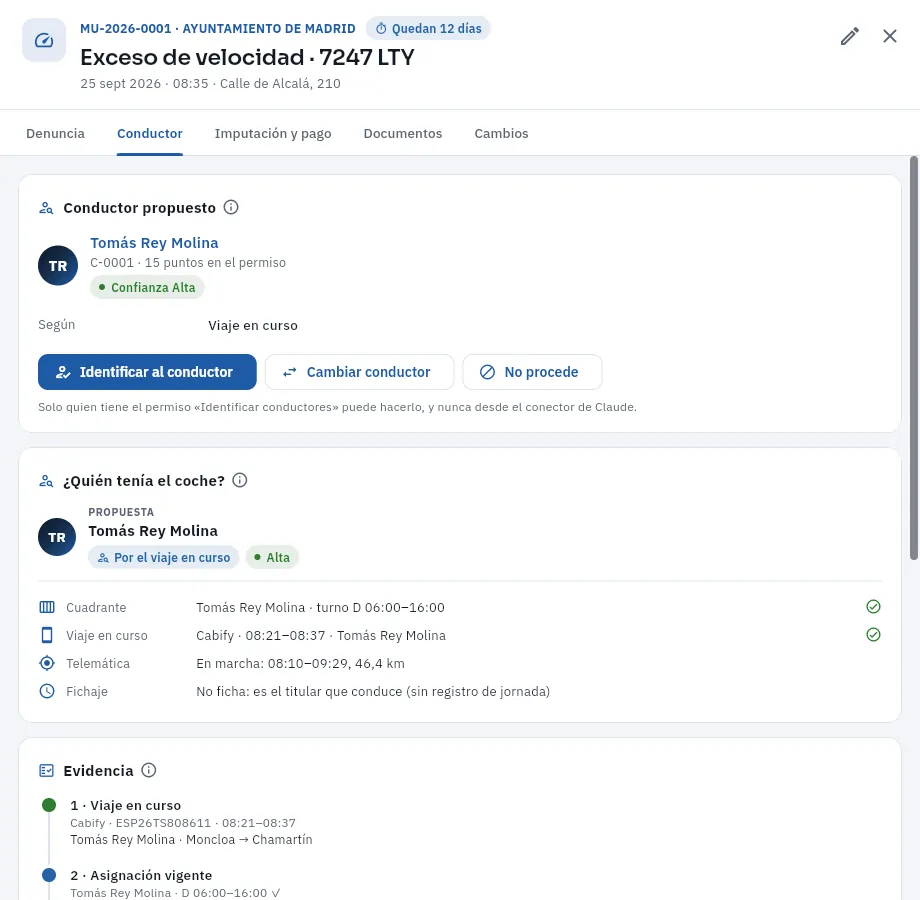 Una multa de velocidad del 7247 LTY: FleetPilot propone a Tomás como conductor porque en ese momento hacía un viaje de Cabify.