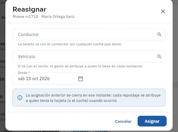 Reasignar la tarjeta: con un conductor o con un coche, desde un momento (no se ha guardado).