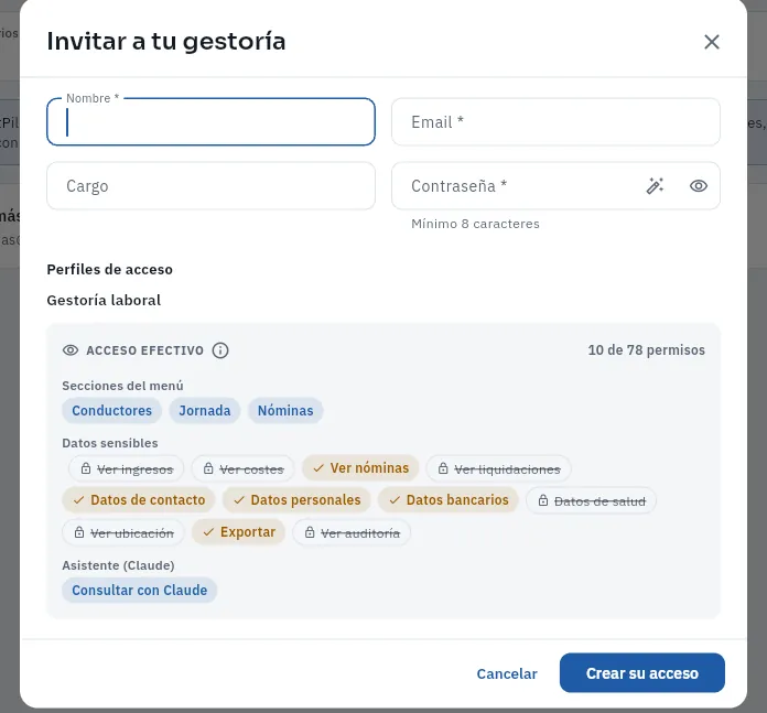La invitación a la gestoría de Tomás, con su acceso (no se ha creado).