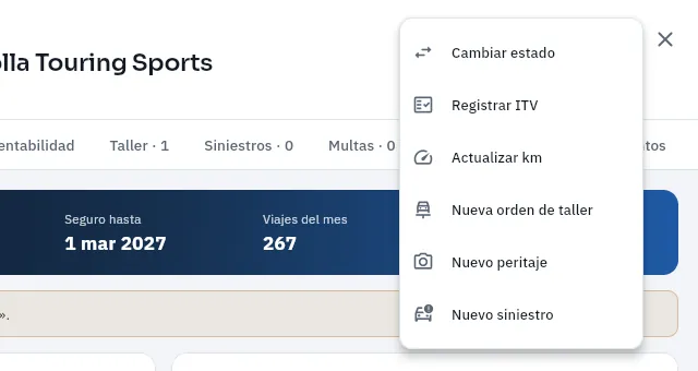 El menú Más opciones de la ficha de un coche.